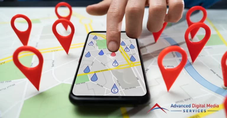 A smartphone displaying a map with a location marker, representing the use of GPS in marketing strategy. | ADMS