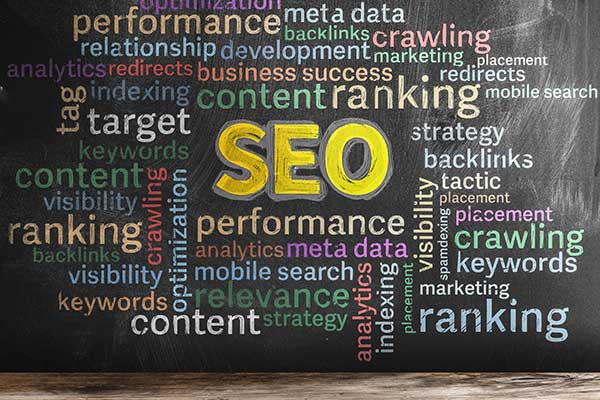 ADMS Multicolored SEO search engine optimization word cloud on chalkboard